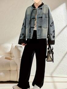 Chinese Style Jacket Women's Non-Stretch Denim Jacket - Vintage Chinese Knot Accent, Lightweight Spring/Fall Coat Non-Transparent Casual Outerwear, Transitional Weather Wear, Intricate Embroidery, Chinese New Year Clothes - Màu xanh hải quân - Xem 3