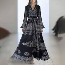 2026 New Women Summer Casual Printed Dress With V Neck Ruffle Hem High Waist A Line Mini Dress For Beach Party Daily Wear - Black - View 7