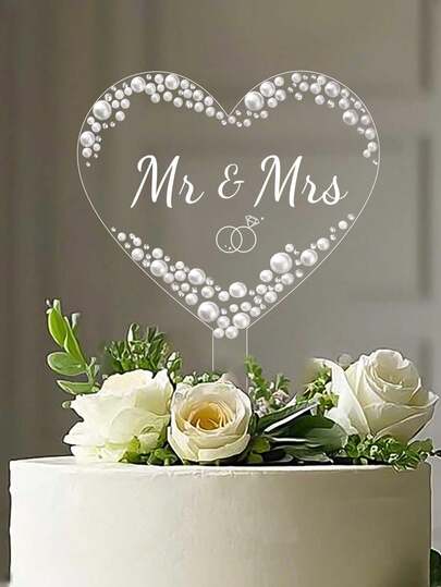 Acrylic Mr. & Mrs. Cake Topper - Cake Decoration With Pearls And Rhinestones, Suitable For Engagement, Bridal Shower, Anniversary, Luxury Wedding Cake Decoration With Pearls, Reusable Wedding Cake Topper, Easy To Install Cake Decoration, Bohemian Style Wedding Cake Topper, Rustic Style Wedding Cake Topper, Luxury Wedding Cake Decoration With Pearls (Heart Shaped)