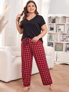 Plus Size Womens Pajama Set Soft Pjs Short Sleeve Sleepwear With Long Pants 2 Piece Lounge Sets - Black and Red - View 5