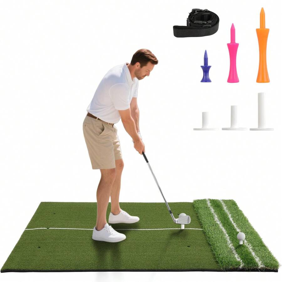 GCCSJ Golf Putting Mat,Practice Mat,Real Feel Golf Hitting Mat (5x4ft), Large Double Turf, Golf Indoor And Outdoor Practice Mat With Sight Line And Approach Angle Aid, For Swing, Chipping, PuttingAll Weather Training Aid For Men & Women - 綠色 - 查看 1