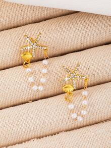 1 Pair European & American Summer Fashion Metal Starfish & Faux Pearl Tassel Earrings, Suitable For Girls To Wear During Vacation, Mother's Day Gift Kids Jewelry - Style 1 - View 5