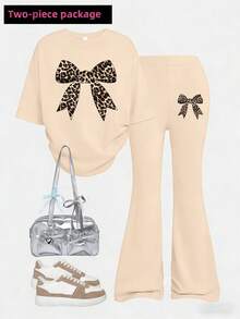 2 Stück/Set Mädchen süßer Leoparden-Muster Schleife Dekor Kurzarm Top + Weite Hose, weich & bequem, Teenager Mädchen Kleidung, Kinderoutfit, Sommer Mode Neuankömmling - Aprikosenfarben - Übersicht 3