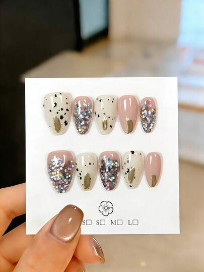 10 Pieces Of Handcrafted Short Almond-Shaped Press-On False Nails (Wearable Nails), A Nail Art Supply And Ornament, Featuring Spot Patterns, Glitter Gel Accents And Mirror Powder Design. These Beautiful Fake Nails Can Brighten The Look Of Your Hands, Are Reusable, Easy To Apply And Remove, Serving As Elegant Nail Decorations. Suitable For Girls And Women For Daily Wear, Parties, Weddings, And Holiday Manicures. Comes With Nail Supplies Like Jelly Glue And Nail File.