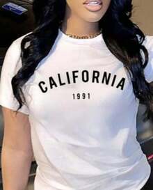 Camiseta mujer cuello redondo manga corta estampado sencillo " CALIFORNIA 1991 " blusas playeras gráficas mujer print - Blanco - Ver 3