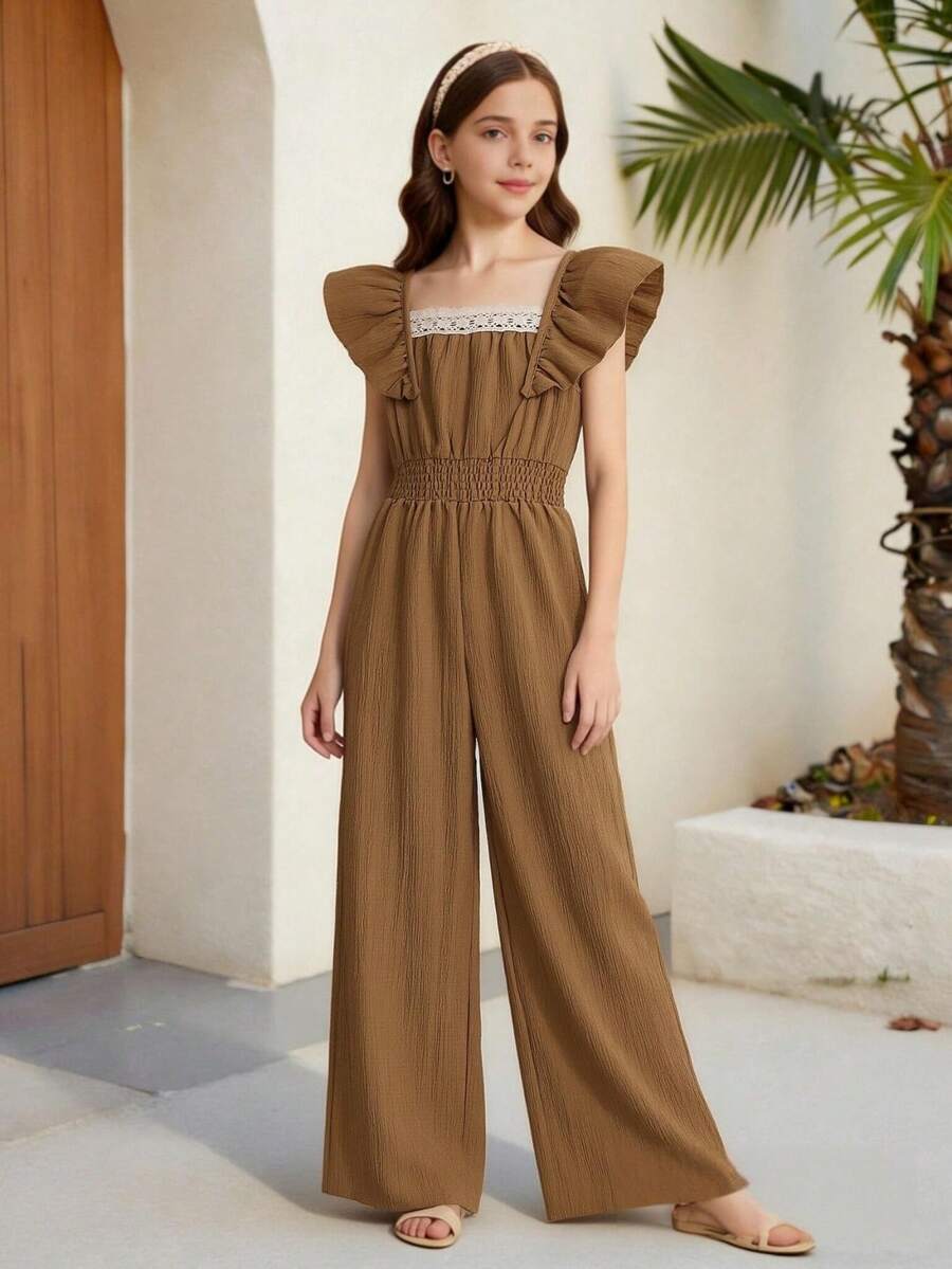 Tween Girls' Casual Sleeveless Lace Patchwork Ruffle Hem Jumpsuit, Spring/Summer - Coffee Brown - View 1