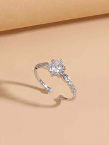 5pcs Fashionable Luxury Delicate Flower, Leaf, Butterfly Cubic Zirconia Adjustable Rings Set, Suitable For Casual, Party, Holiday Wear (No Gift Box) - Silver - View 5