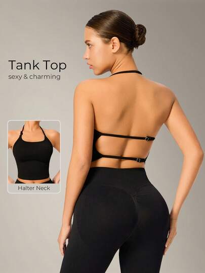 VVX Áo hai dây cổ yếm dáng ngắn cho nữ, thích hợp tập luyện yoga, có dây đeo điều chỉnh được, kiểu dáng gợi cảm hở lưng, không đường may, chất liệu gân sọc, phong cách Y2K, màu trơn, thích hợp mặc hàng ngày ở phòng tập, mọi mùa.