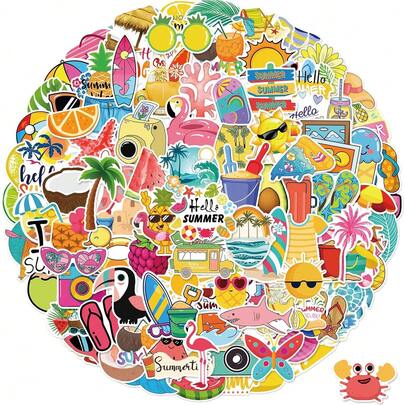 100张夏季贴纸，防水沙滩贴纸，适用于水瓶、笔记本电脑、滑板、手机，适合青少年和女孩，夏威夷假日欢乐乙烯基贴纸