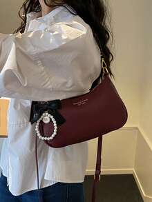 1 件女士纯色 PU 单肩包，多功能腋下包，适合工作通勤，可调节肩带斜挎包，饰有优雅蝴蝶结 - 酒紅色 - 查看 5