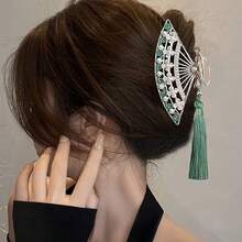 1 pieza Clip de pelo con abanico decorado con perlas y borlas de estilo vintage, elegante pinza de pelo para peinado de moño, adecuado para qipao, hanfu, uso diario, fiestas, fotografía, cumpleaños, San Valentín, Acción de Gracias, verano, vacaciones, viajes - Multicolor - Ver 6