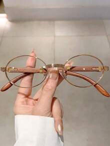 1 Pair New Retro Oval Frame Fashion Fashion Glasses, Wooden Grain Temple Design, Suitable For Outdoor Activities - C1 Gold Frame Transparent - View 2