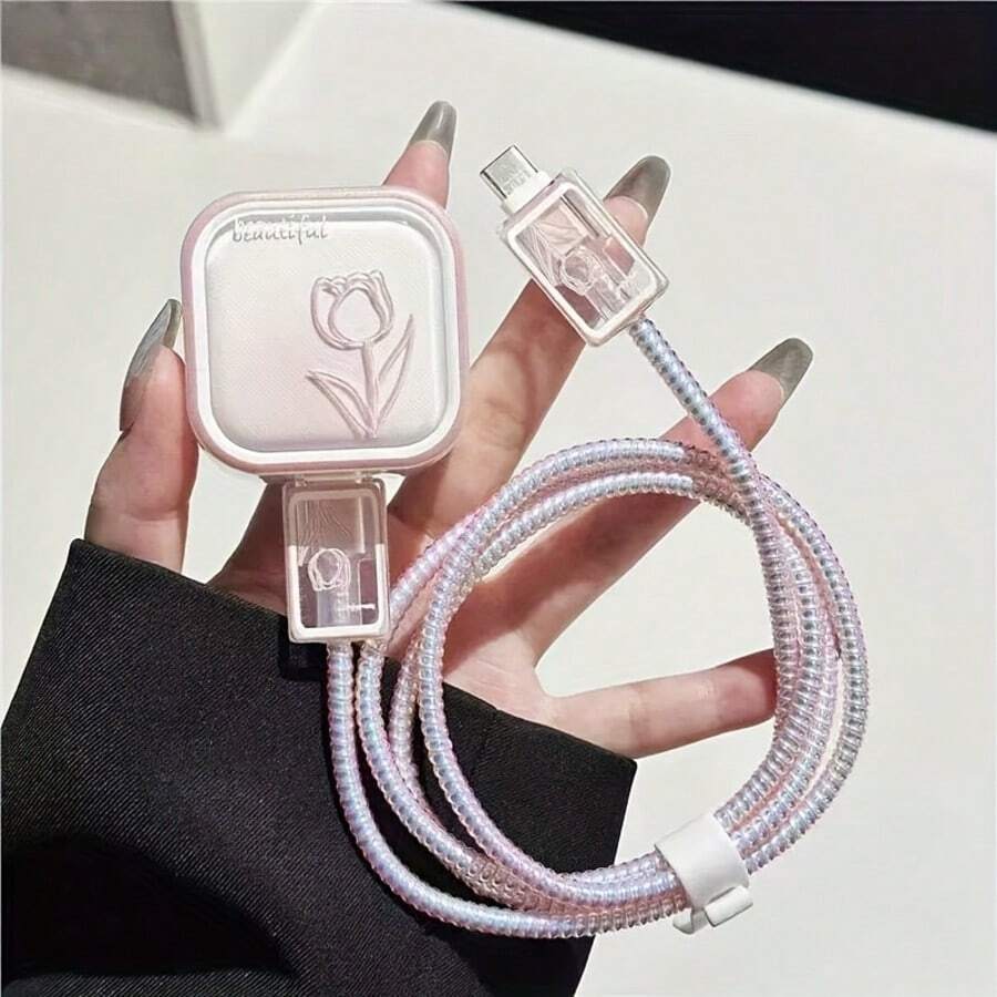 Tulip/Bow Tie Design Protective Case Compatible With Apple 17 Pro/ 17 Pro Max 40W Charger, Minimalist Ins Style, Painted Craft, Anti-Break, Gift Essential, 5-Piece Set For Women - Pink - View 1