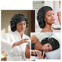 1pcs Double Layer Satin Sleeping Cap For Women Sleeping, Satin Lined For Curly Hair, Large Silk Cap, Wide Brim Silk Night Cap - màu đen - Xem 11