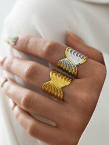 Frminee 2枚/1枚 粗款女士18K镀金不锈钢戒指，个性戒指饰品，防水可叠戴戒指 - 彩色 - 查看 5