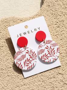 1 Pair Women's Leaf & Floral Print Red Ceramic Texture Elegant Round Acrylic Earrings - Multicolor - View 4