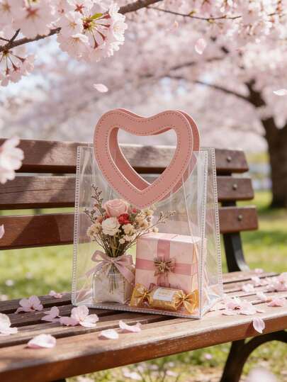 3pcs Heart-Shaped Handle Transparent Gift Bags, Pink Heart-Shaped Handle Gift Bags, Reusable Transparent Plastic Gift Packaging Bags, Suitable For Wedding Party, Anniversary, Mother's Day Gifts, Handmade Gift Box, Candy, Chocolate Decoration Bags, Graduation, Mother's Day Gifts