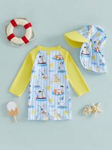 Toddler Baby Boy Swimsuit With Sun Hat Set Printed Long Sleeve Rash Guard Half Zip-Up Bathing Suits - Yellow - View 7