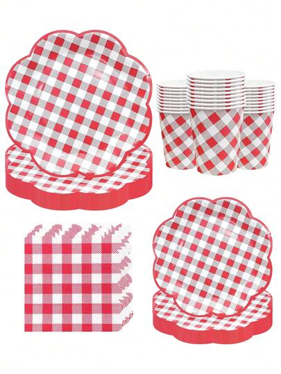 10pcs/20pcs/50pcs/80pcs Red Plaid Paper Plates, Paper Cups, Paper Napkins Party Supplies - Red & White Paper Plates With Lace Edges, Suitable For Birthday Picnic Mother's Day Party Decoration