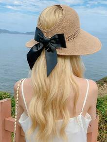 女士宽檐草编遮阳帽，可卷起马尾辫，夏季沙滩帽，防紫外线，UPF，可折叠，旅行必备，波西米亚风蝴蝶结 - 彩色 - 查看 7