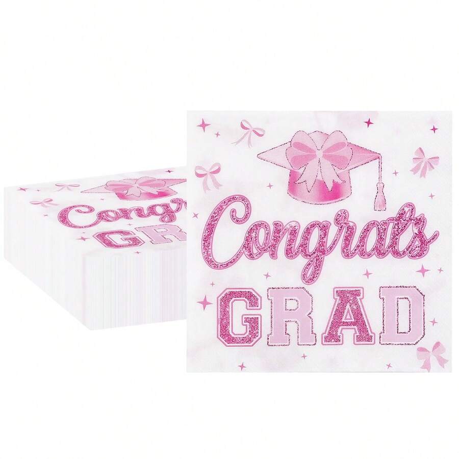 20张/40张/100张白色背景粉色蝴蝶结毕业派对餐巾纸，一次性毕业祝贺餐巾纸，男女皆宜。 - 白底 - 查看 1