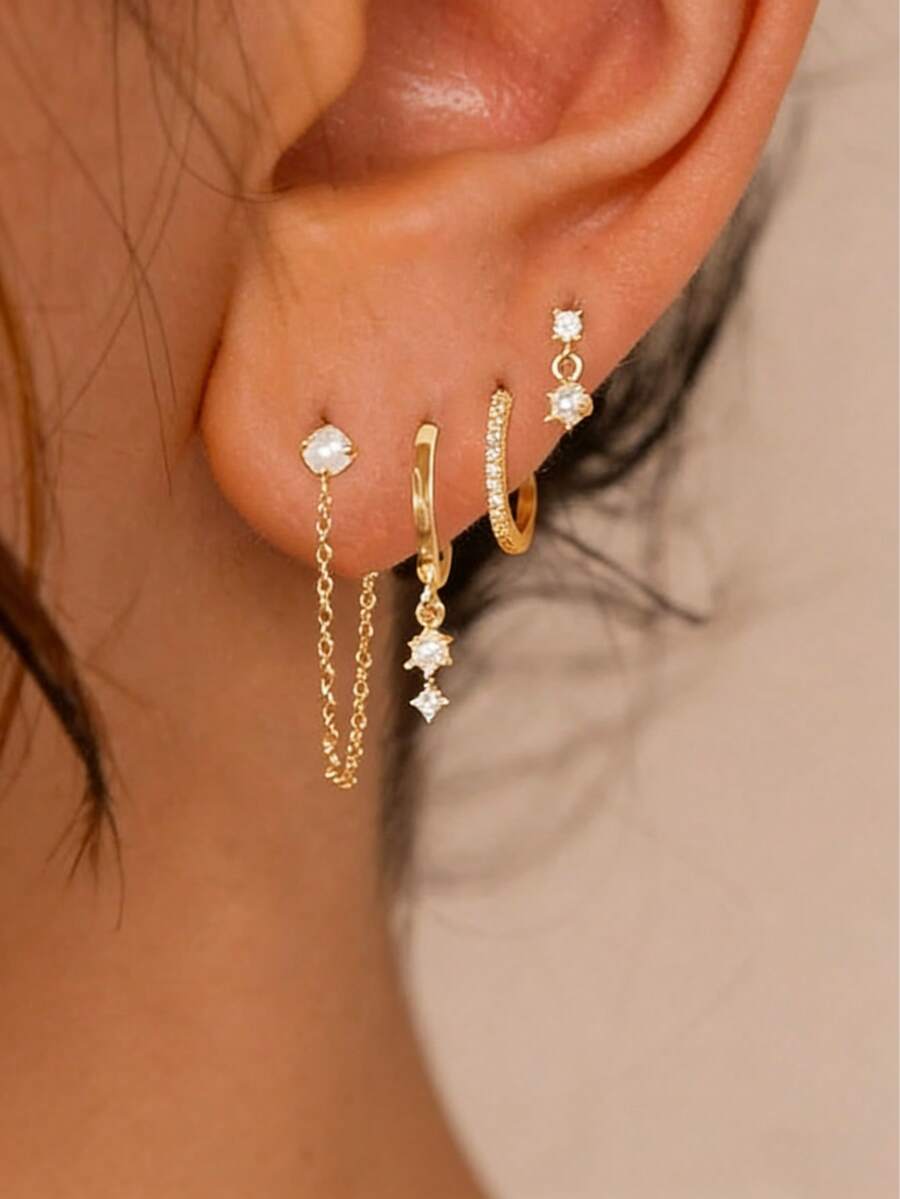 8pcs Simple Geometric Faux Pearl & Rhinestone Copper Chain Earrings, Suitable For Women's Vacation, Date, Gift, Daily Wear