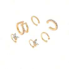 Minimalist Lines With Diamond Studded Ear Bone Clip, Personalized Double-Layer U-Shaped Ear Hole Free, Hot Selling Ear Clip Earrings, Women's Ear Accessories - 金色6件耳夾套裝 - 查看 6