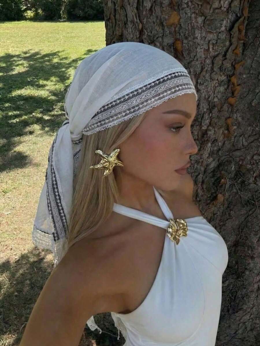 1pc Women's Elegant Solid Color Square Lace Trim Headscarf, As Headscarf, Shawl And Hair Accessory, Fashionable Casual Accessory For Summer - White - View 1