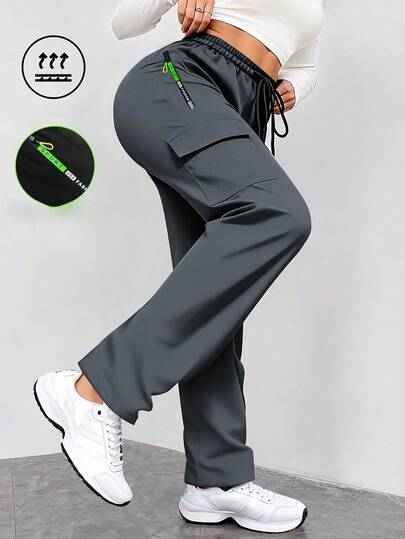 Hidkat Pantalones cargo de mujer con estampado de letras verdes, bolsillo con cremallera, diseño de cintura elástica y pierna recta, tela delgada para primavera y otoño, adecuado para uso diario, actividades al aire citas casuales