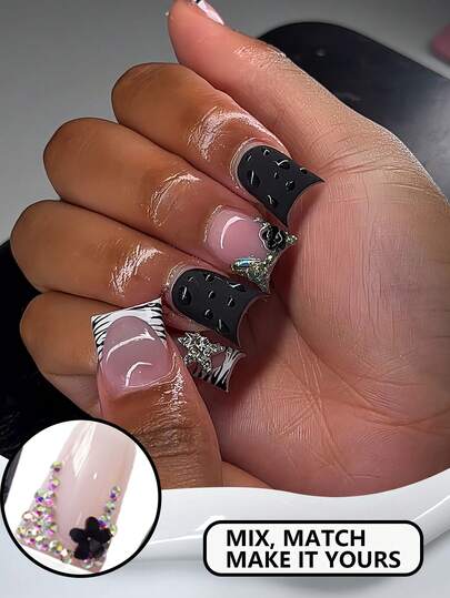 24pcs Zebra & Black Cow Print French Tip Nail Stickers With 3D Flower & Rhinestone Decor, Luxury Nail File & Double-Sided Adhesive Included
