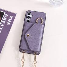 1pc Elegant Litchi Grain PU Leather Flip Cover Wallet Phone Case With Card Slots, Crossbody Strap, Ring Holder & Mirror, Compatible With Samsung Galaxy S26, S25 Edge, S24, S23, S22, S21, S20 FE, Note 20 Ultra, A17, A16, A15, A07, A52, A53, A54, A25 5G - Purple - View 3