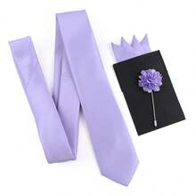 ZONFAZ 3pcs Men's Solid Color Business Fashion Satin Tie, Straight Insert Pocket Square, Brooch Suit Set, Suitable For Men's Wedding, Party, Event Attire - Purple - View 3