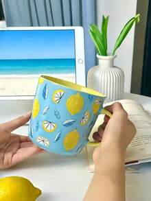 1 chiếc cốc sứ họa tiết chanh, màu xanh dương, cốc sáng tạo, dung tích lớn, thích hợp dùng cho bữa sáng ở văn phòng, nhà, tiệc tùng, làm quà tặng. - Màu xanh lam - Xem 2