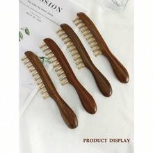 1pc Wide-Tooth Comb, Brass Material Long Handle Large Round Teeth Scalp Massage Brush, Suitable For Curly & Straight Hair Styling, Body Massage Tool - 紅木色 - 查看 6