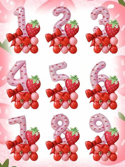 30pcs Strawberry Theme Birthday Party Balloon Set, 32-Inch Pink 0-9 Number Balloons, Red Bow Strawberry Balloons, Pink & Red Latex Balloons, Bow Ribbons, Numbers Suitable For Birthday Party, Anniversary, Fruit Party, 1st Birthday Decoration