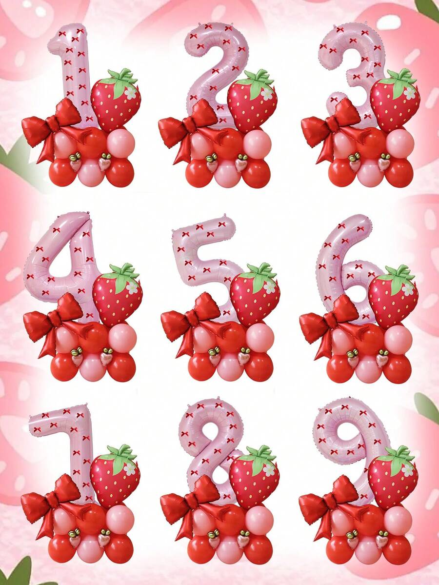 30件草莓主题生日派对气球套装,32英寸粉色0-9数字气球,红色蝴蝶结草莓气球,粉色和红色乳胶气球,蝴蝶结丝带,数字气球,适用于生日派对、周年纪念、水果派对、一周岁生日装饰 - 彩色 - 查看 1