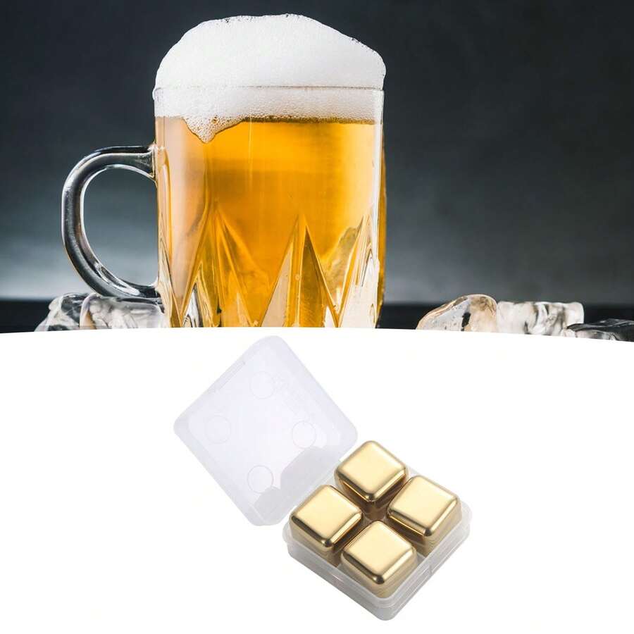 Premium Stainless Steel Metal Ice Cubes - Reusable Whiskey Stones Set With Ice Tongs For Quick Chilling Of Beverages - Golden Finish - 金色 - 查看 1