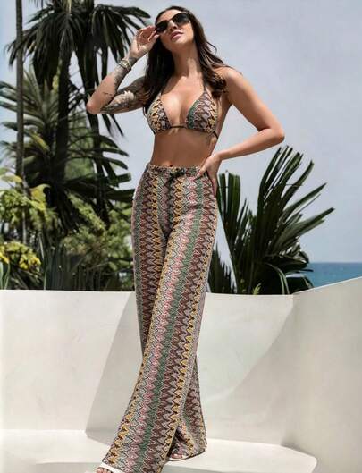Women's Colorblock Elegant Sexy Wavy Striped Print Halter 3-Piece Bikini Set, With Textured Cover-Up Shorts, Suitable For Spring/Summer Casual Vacation, Beach, Swimming Pool Party Fashion Swimwear