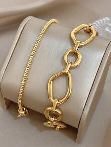 Damen minimalistische Herz-förmige Ketten Armband Set, geometrische mehrschichtige goldene Ketten Armband geeignet für Alltag, Party, Valentinstag, Hochzeit, Musikfestival, Muttertags Geschenk - Verschiedenfarbig - Übersicht 2