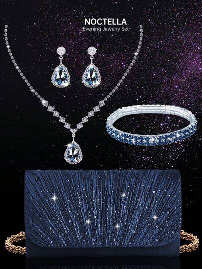 Noctella 4-Piece Rhinestone Jewellery Set, Sparkling Necklace, Earrings And Bracelet, Luxurious Sparkling Rhinestone Pleated Clutch Evening Bag, Luxurious Ladies' Wallet Pearl-Like Bag Evening Bag, Low-Key Luxurious Rhinestones Suitable For Party Girls, Women, Brides, Perfect For Parties, Dinners/Banquet Christmas Party Dresses