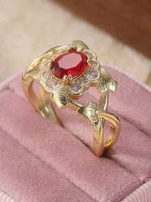Luxury Copper Crafted Maple Leaf Ring, Inlaid With Red Synthetic Zirconia Stone, Best Companion For Women's Daily Wear - Gold - View 7