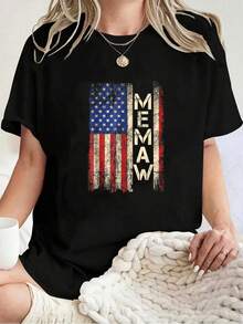 Camiseta Unisex 100% Algodón con la Bandera Americana para el Día de la Madre, Camiseta de Manga Corta con Estampado Gráfico para Hombre y Mujer, Tops Casuales - Negro - Ver 1