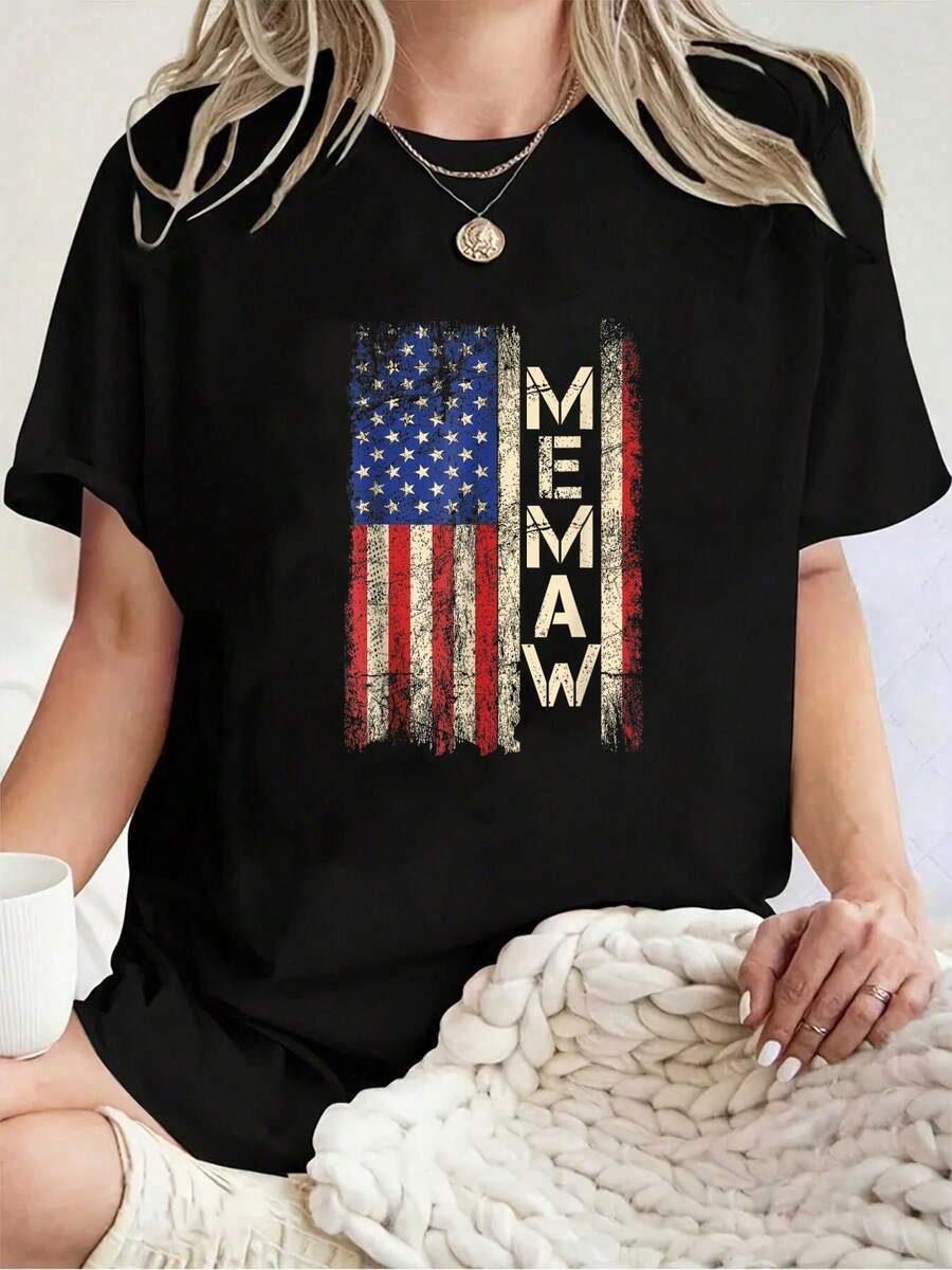 Camiseta Unisex 100% Algodón con la Bandera Americana para el Día de la Madre, Camiseta de Manga Corta con Estampado Gráfico para Hombre y Mujer, Tops Casuales - Negro - Ver 1