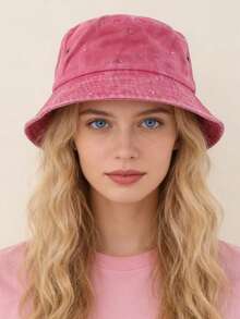 Fashionable Street Style Rhinestone Bucket Hat, Women's Casual Vintage Washed Bucket Hat, Foldable Handmade Rhinestone Sun Protection Hat For Spring & Summer,Beach,Travel - Rhinestones - View 6