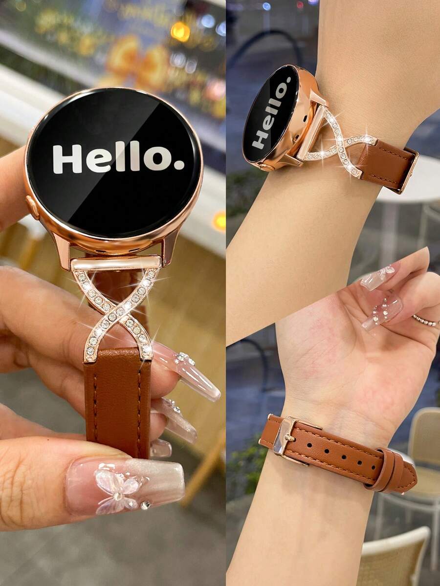20mm Leather Quick Release Watch Band, X-Shaped Rhinestone Strap, Compatible With Samsung, , Watches, Suitable For Men And Women - Brown - View 1
