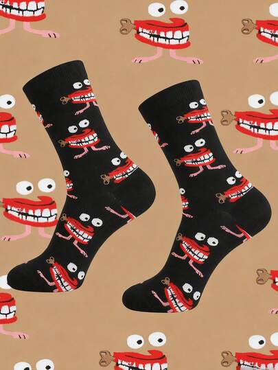 1 par de calcetines unisex divertidos de dibujos animados - Patrón de personaje con boca y dientes grandes, calcetines novedosos creativos para uso casual diario, regalo ideal para entusiastas del humor y el estilo extravagante, calcetines de moda y ocio durante todo el año