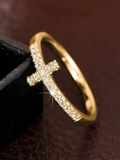 خاتم وعد فاخر قطعة واحدة، تصميم صليب فضي وذهبي مرصع بزركونيا لامعة، خاتم خطوبة/زواج، مجوهرات فاخرة لامعة عالية الجودة