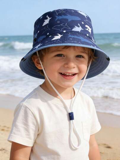 Mũ tai bèo hai mặt in hình cá mập cho trẻ em, có thể điều chỉnh kích cỡ, thích hợp cho bãi biển và các hoạt động ngoài trời.