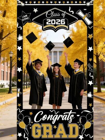 1 套 2026 届毕业派对相框背景墙装饰，2026 届毕业照相框，毕业装饰 2026 届毕业派对照相道具 祝贺毕业背景 2026 金色和黑色毕业派对装饰 适用于 2026 届毕业派对装饰，高中大学