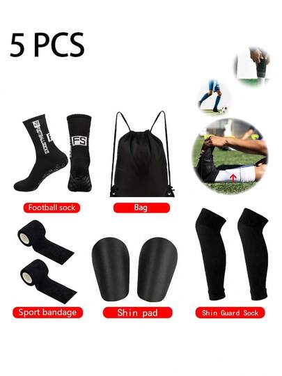 5pcs/Set Unisex Sports Football Accessories: Non-Slip Football Leg Warmers, Basketball Leg Warmers, Comfortable & Durable Cycling Leg Warmers, Sports Mini Shin Guards, Elastic Ankle Sleeve, Adhesive Bandage, Drawstring Ball Bag, Football Equipment